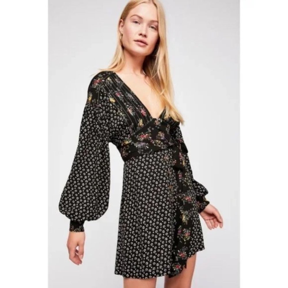 Free People Black Floral Long Sleeve Mini Wrap Dress